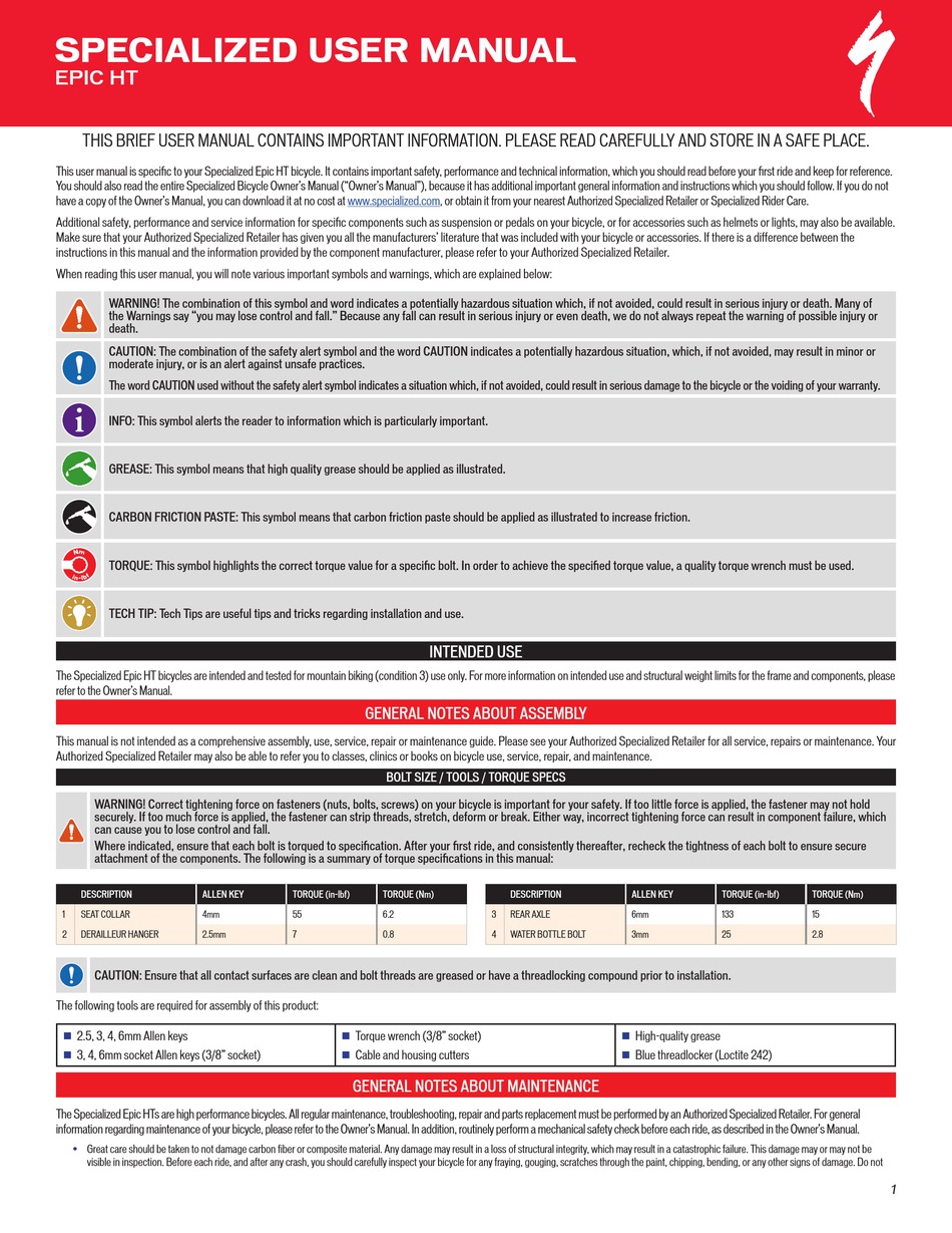 SPECIALIZED EPIC HT 2020 USER MANUAL Pdf Download | ManualsLib