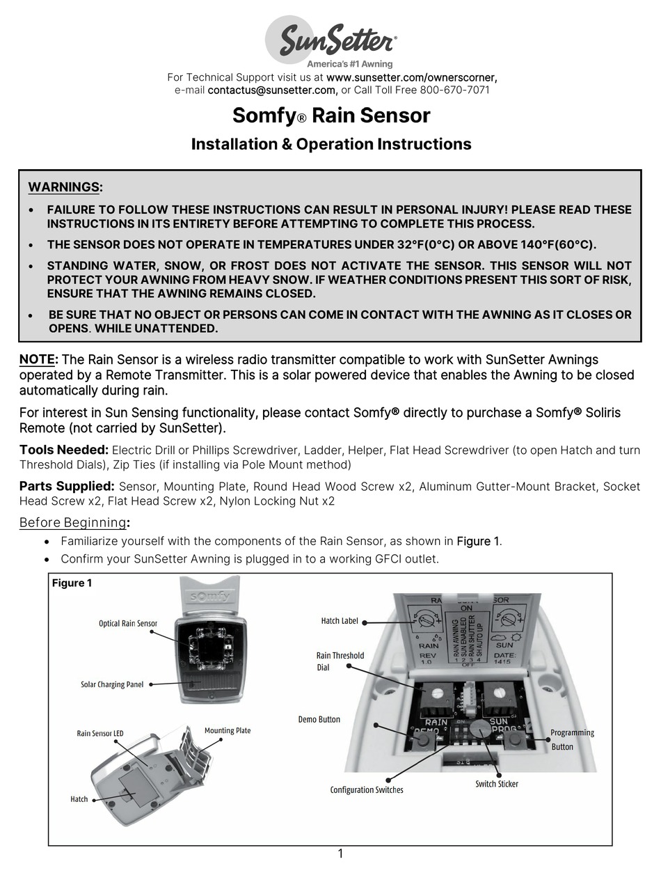 SUNSETTER SOMFY INSTALLATION AND OPERATION MANUAL Pdf Download ManualsLib
