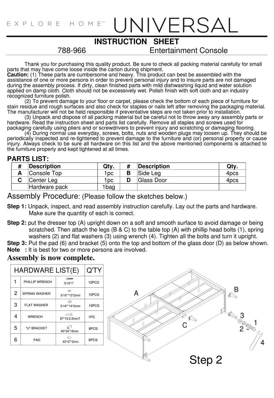 UNIVERSAL FURNITURE UNIVERSAL EXPLORE HOME 788966 INSTRUCTION SHEET