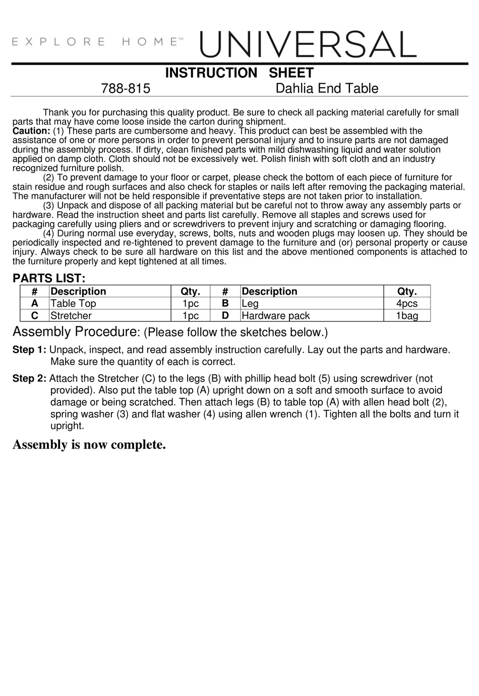 UNIVERSAL FURNITURE UNIVERSAL EXPLORE HOME DAHLIA 788815 INSTRUCTION