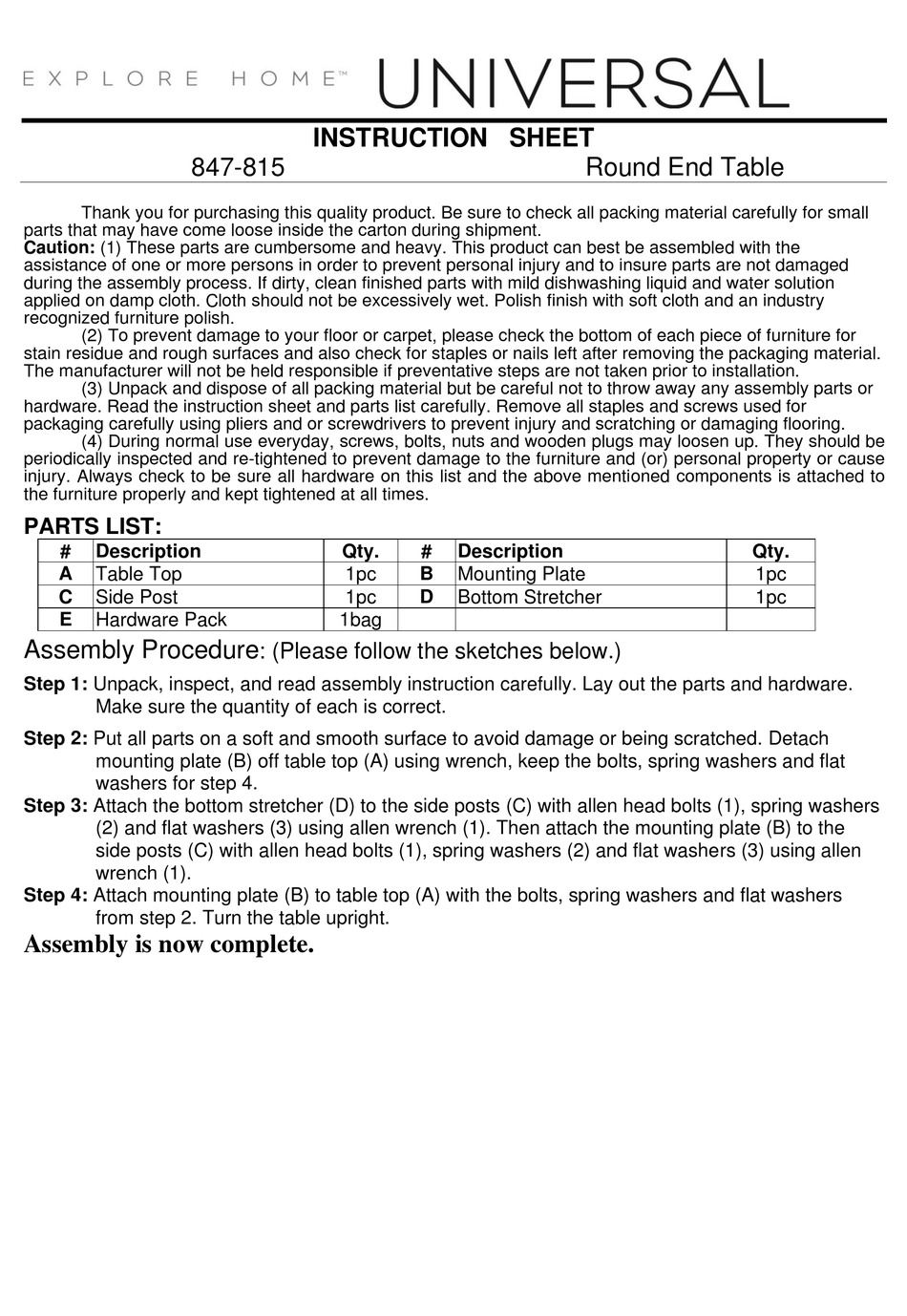 UNIVERSAL FURNITURE UNIVERSAL EXPLORE HOME 847815 INSTRUCTION SHEET