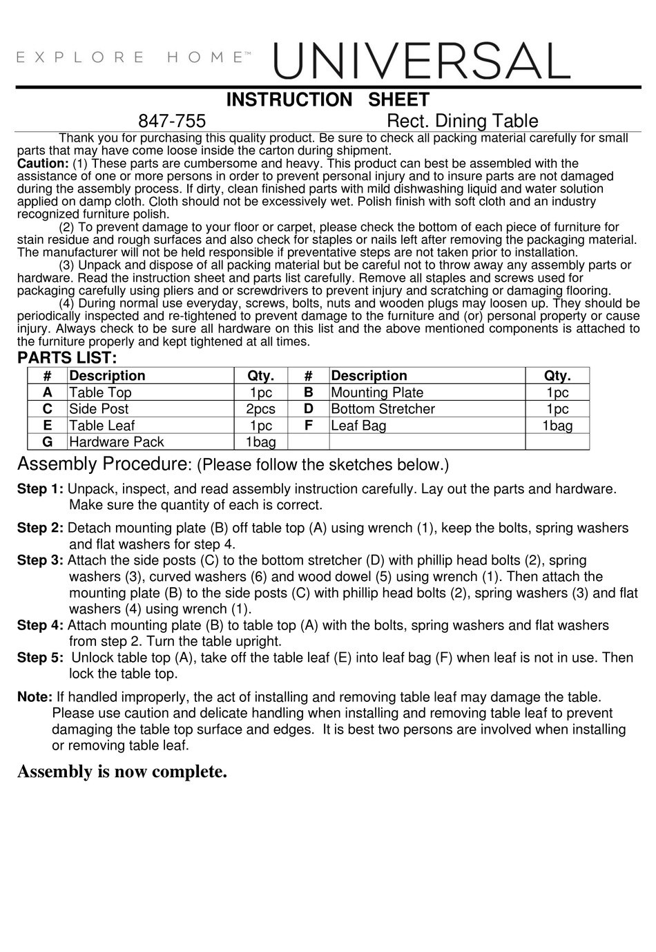 UNIVERSAL FURNITURE UNIVERSAL EXPLORE HOME 847755 INSTRUCTION SHEET