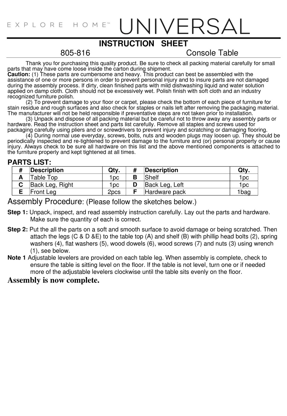 UNIVERSAL FURNITURE UNIVERSAL EXPLORE HOME 805816 INSTRUCTION SHEET
