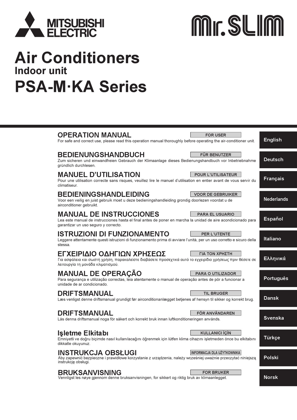 MITSUBISHI ELECTRIC MR.SLIM PSAMKA SERIES OPERATION MANUAL Pdf