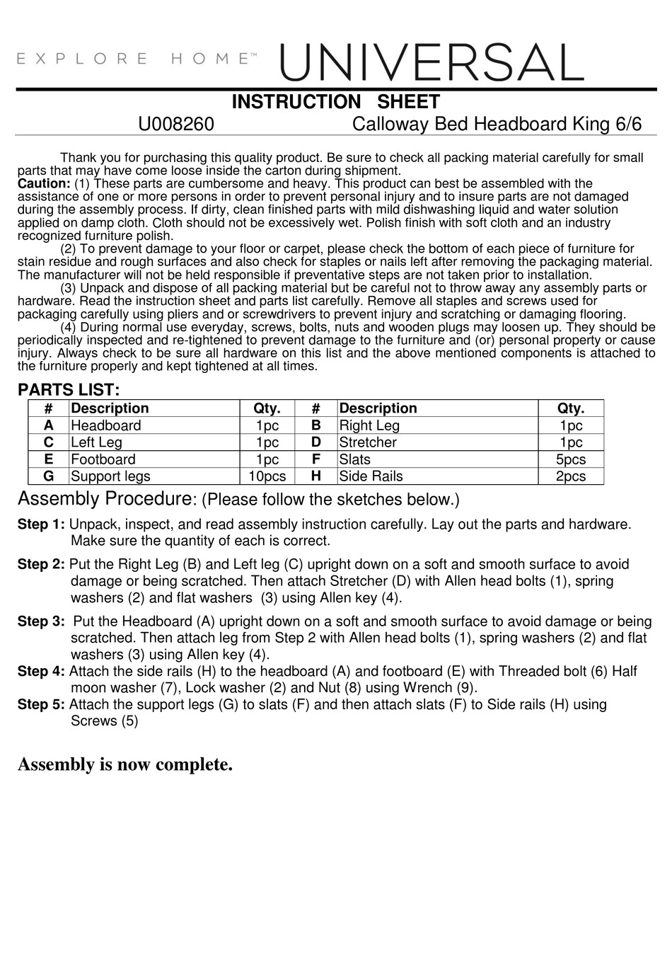 UNIVERSAL FURNITURE UNIVERSAL EXPLORE HOME CALLOWAY U008260 INSTRUCTION SHEET Pdf Download