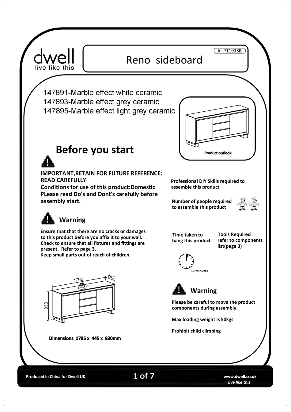 DWELL RENO 147891 ASSEMBLY INSTRUCTIONS MANUAL Pdf Download ManualsLib