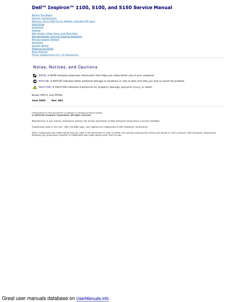 Dell Inspiron 1100 Service Manual Pdf Download Manualslib 2622