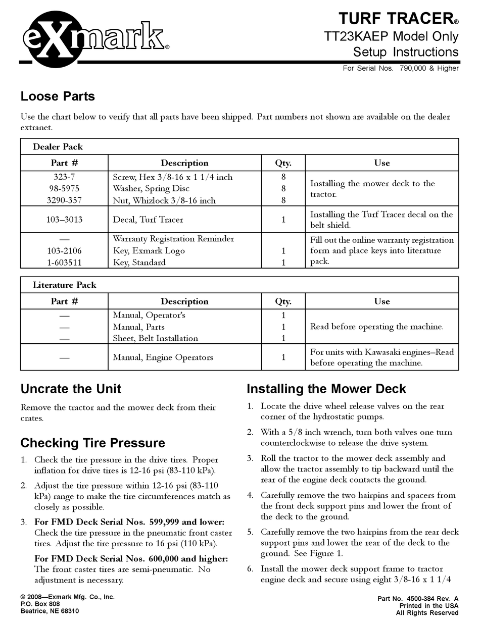 EXMARK TURF TRACER TT23KAEP SETUP INSTRUCTIONS Pdf Download ManualsLib