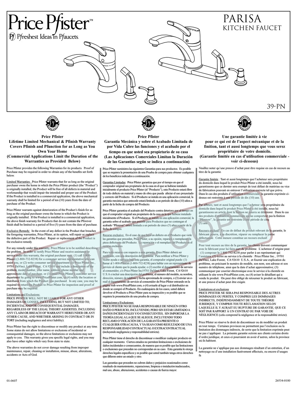 PRICE PFISTER PARISA 39 SERIES INSTRUCTION SHEETS Pdf Download ManualsLib   Price Pfister Parisa 39 Series 