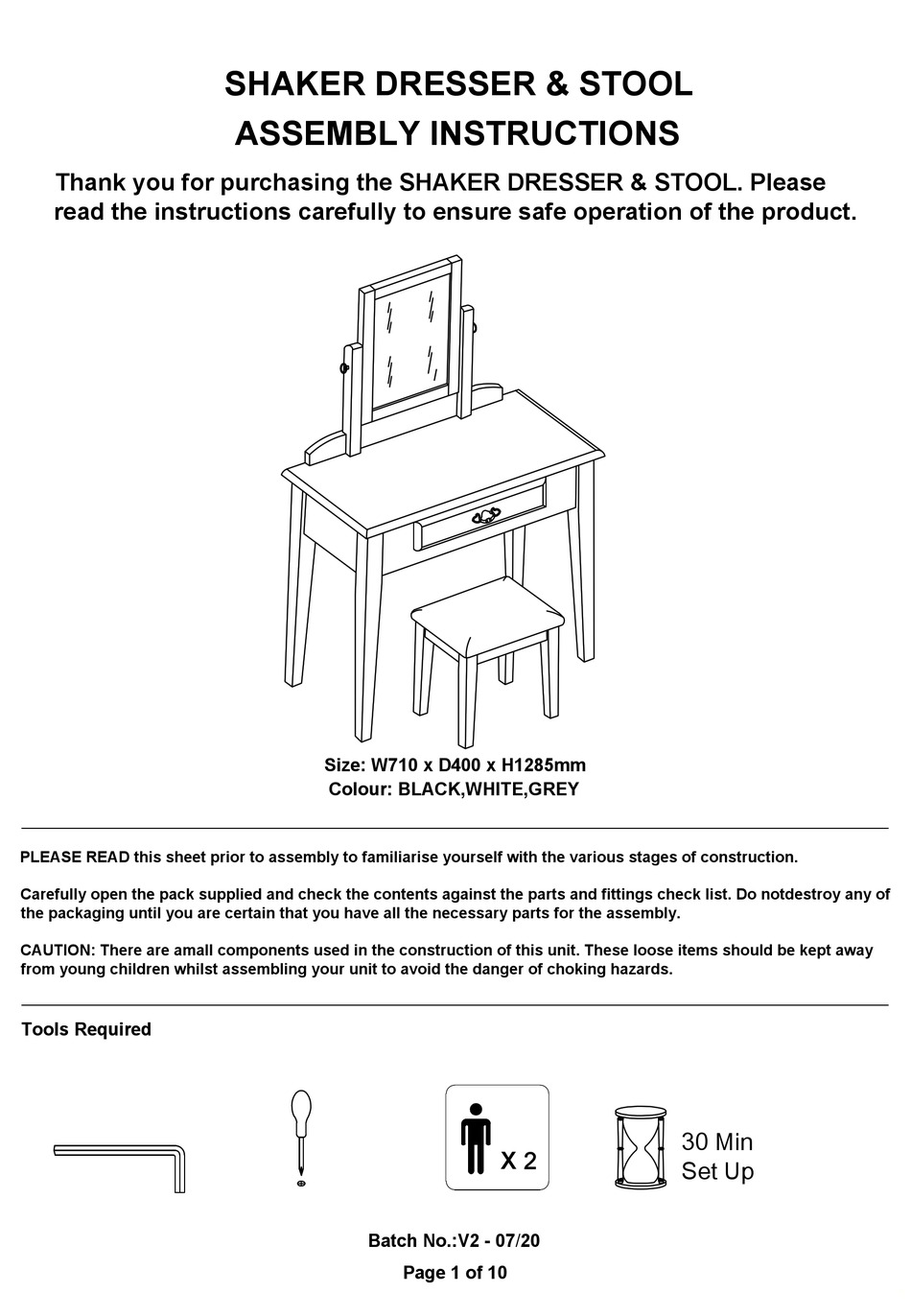 BIG FURNITURE WAREHOUSE SHAKER DRESSER & STOOL ASSEMBLY INSTRUCTIONS MANUAL Pdf Download