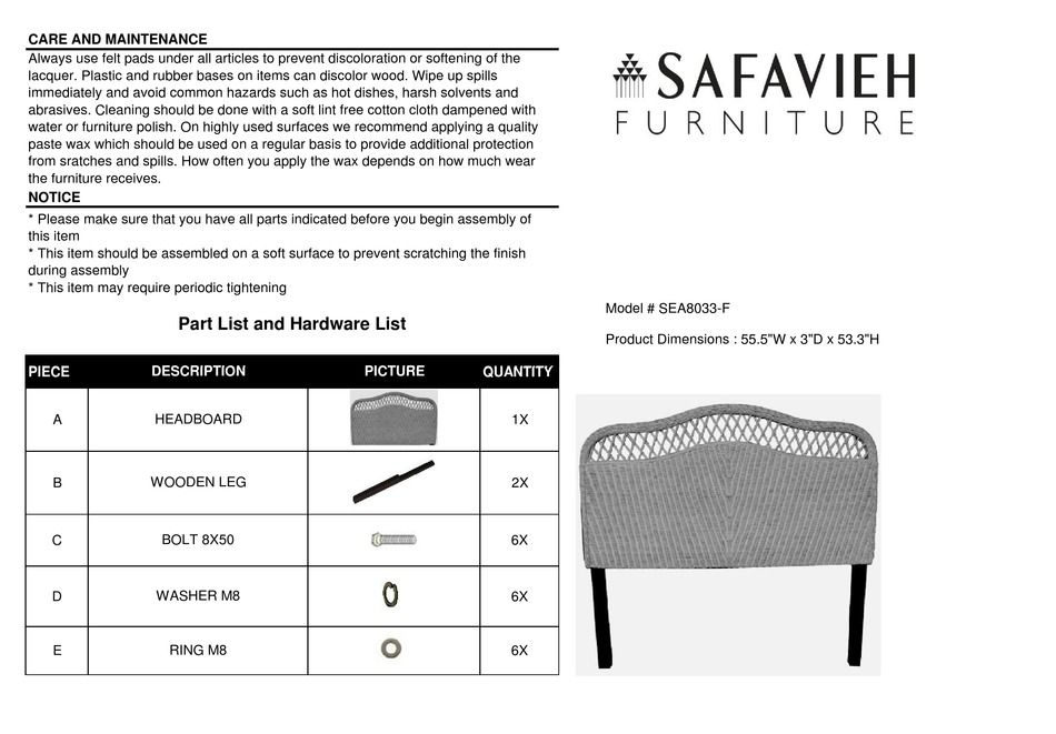 SAFAVIEH FURNITURE SEPHINA SEA8033F QUICK START MANUAL Pdf Download