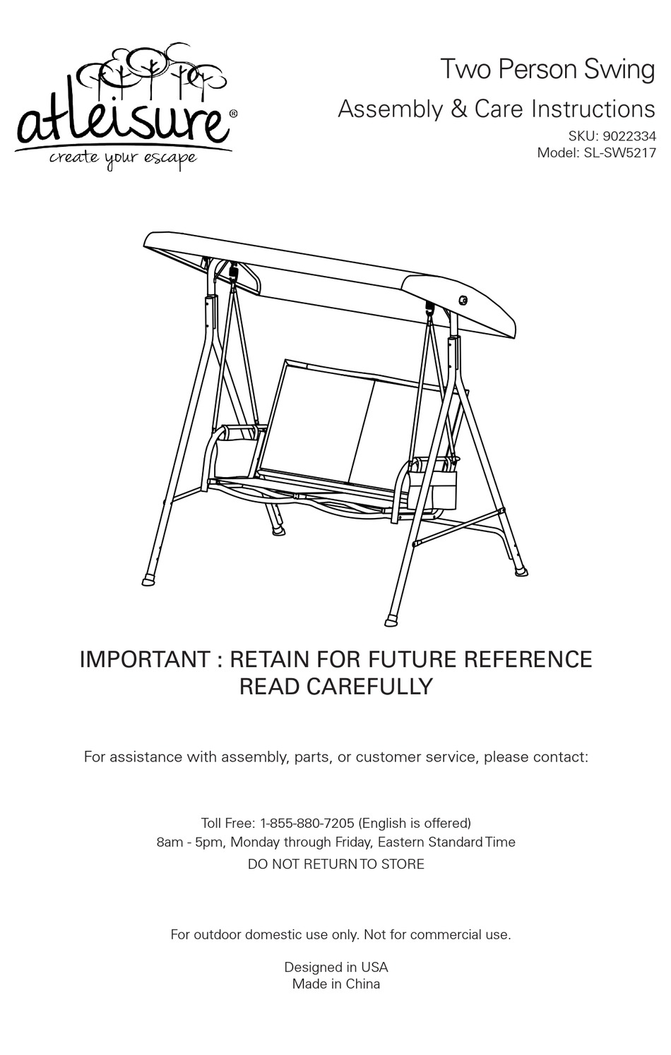 Atleisure Sl-sw5217 Assembly & Care Instructions Pdf Download 