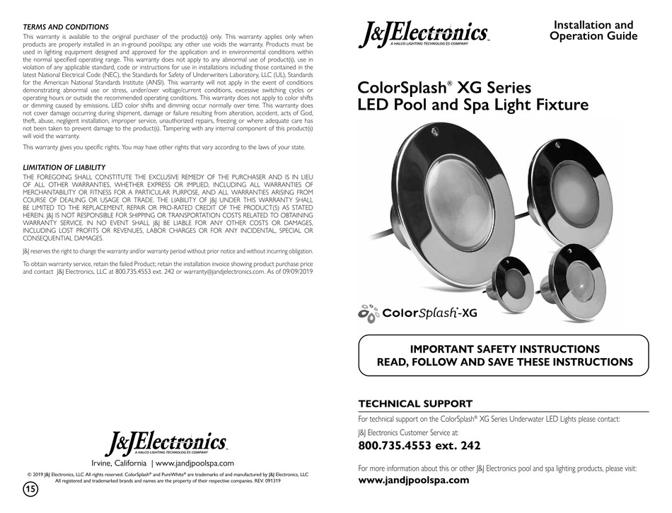 J&J ELECTRONICS COLORSPLASH XG LPLF2C SERIES INSTALLATION AND