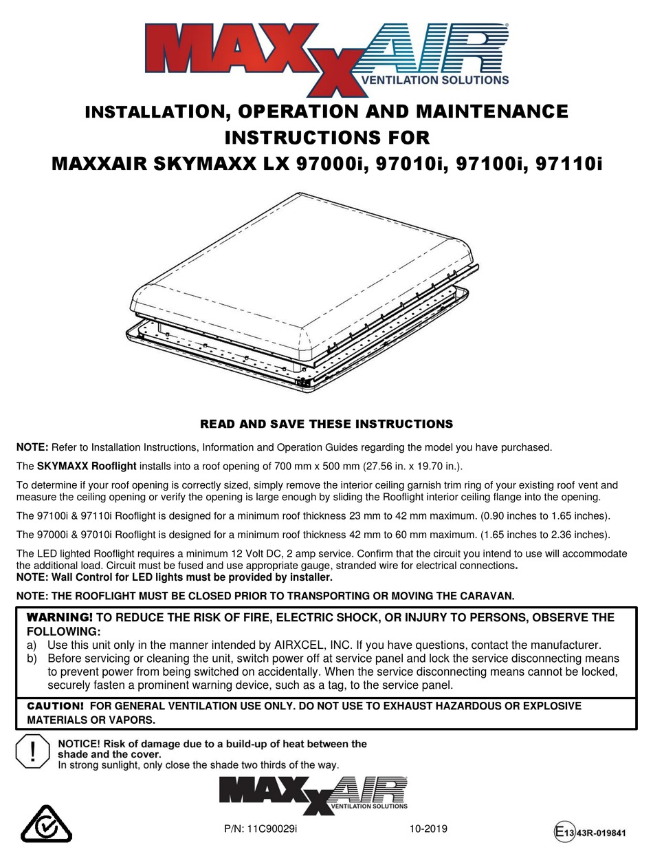 MAXXAIR SKYMAXX LX 97000I INSTALLATION, OPERATION AND MAINTENANCE