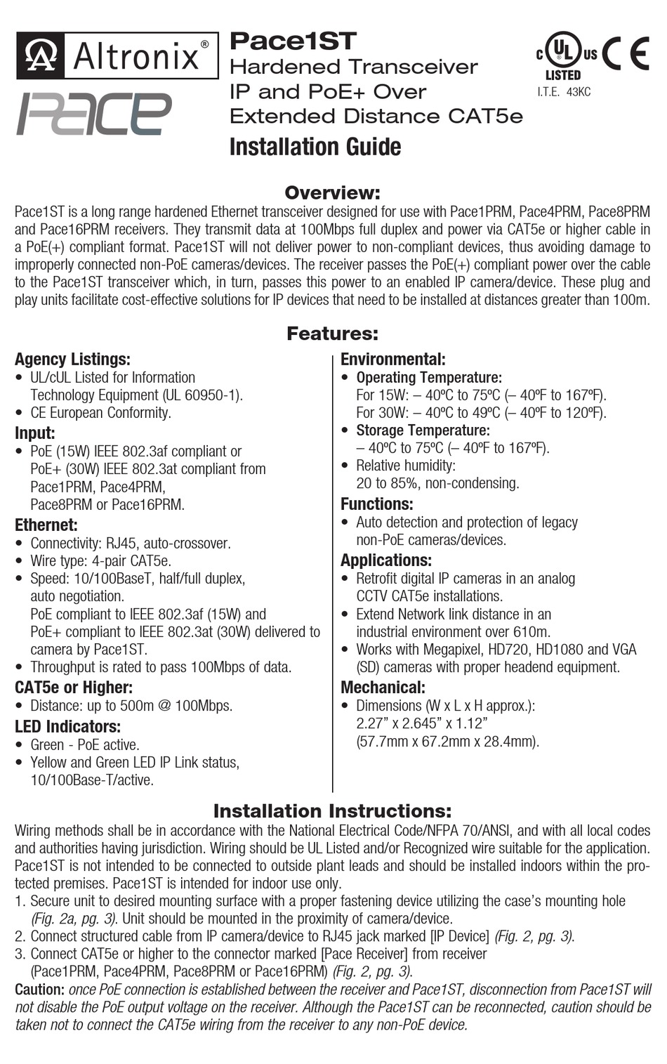 ALTRONIX PACE1ST INSTALLATION MANUAL Pdf Download | ManualsLib