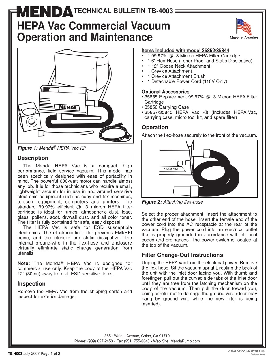 MENDA HEPA VAC OPERATION AND MAINTENANCE MANUAL Pdf Download ManualsLib