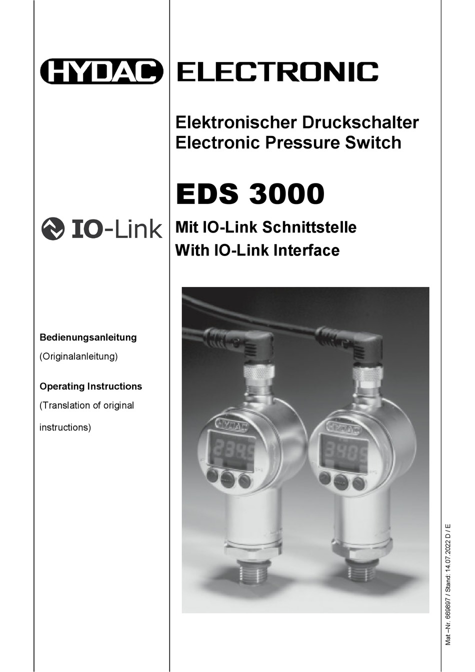 HYDAC ELECTRONIC EDS 3000 OPERATING INSTRUCTIONS MANUAL Pdf Download