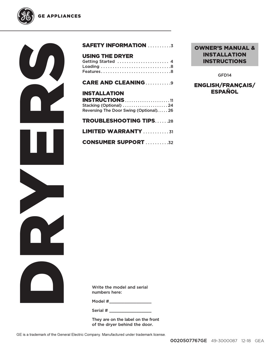 GE GFD14ESSNWW OWNER'S MANUAL & INSTALLATION INSTRUCTIONS Pdf Download