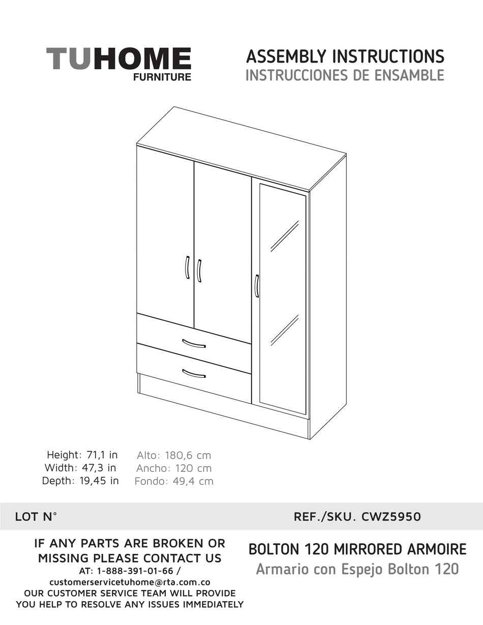 TUHOME FURNITURE BOLTON 120 CWZ5950 ASSEMBLY INSTRUCTIONS MANUAL Pdf