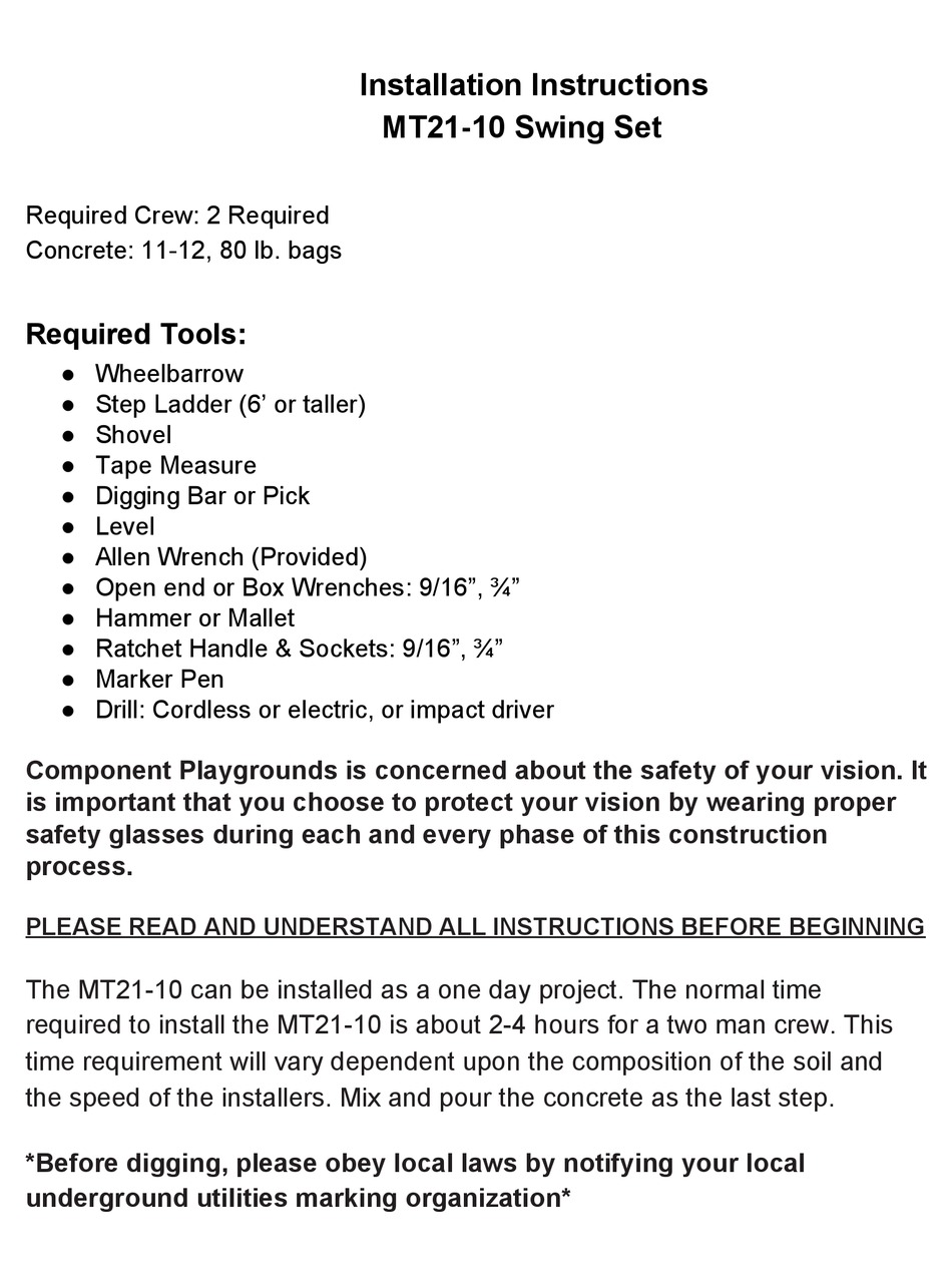 COMPONENT PLAYGROUNDS MT2110 INSTALLATION INSTRUCTIONS MANUAL Pdf