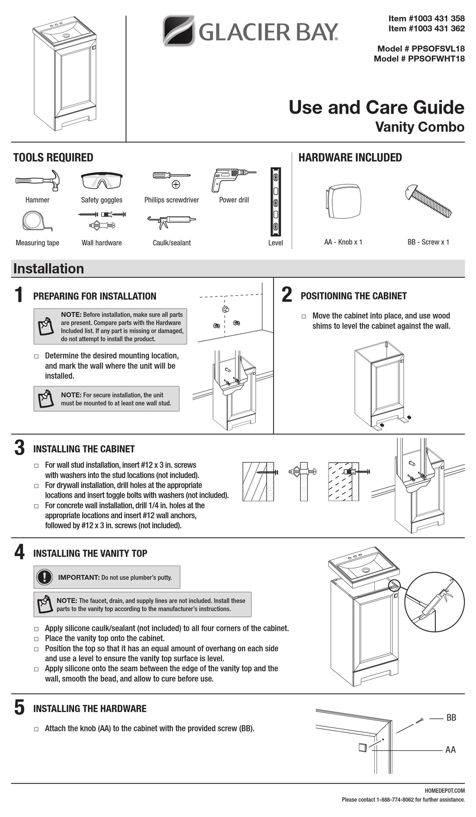 GLACIER BAY PPSOFSVL18 USE AND CARE MANUAL Pdf Download ManualsLib