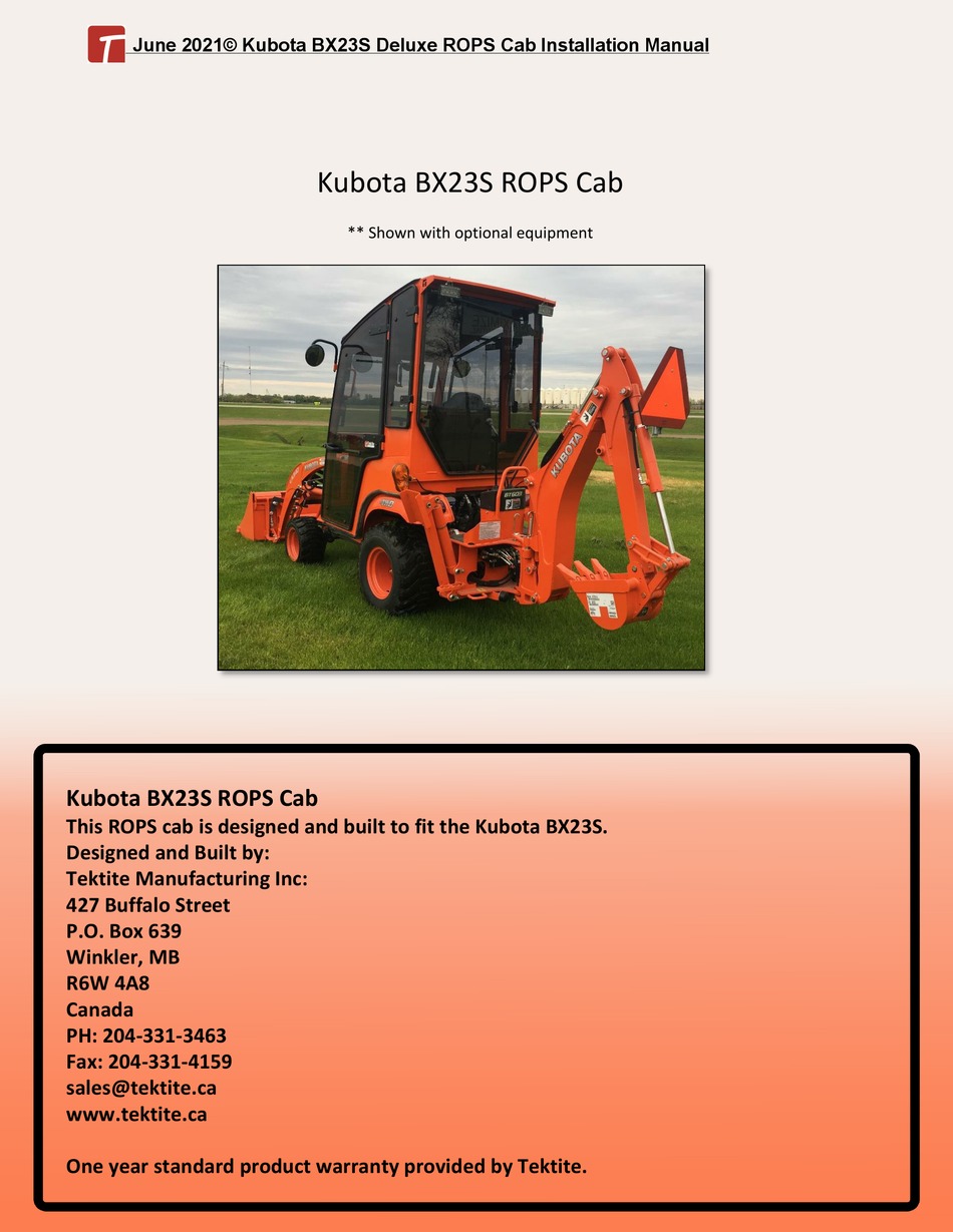 Kubota Bx23s Rops Cab Installation Manual Pdf Download Manualslib