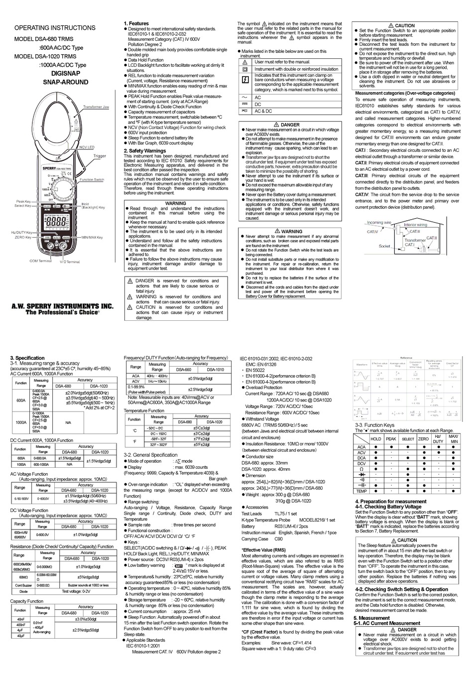 A.W. SPERRY INSTRUMENTS DSA680 TRMS OPERATING INSTRUCTIONS Pdf