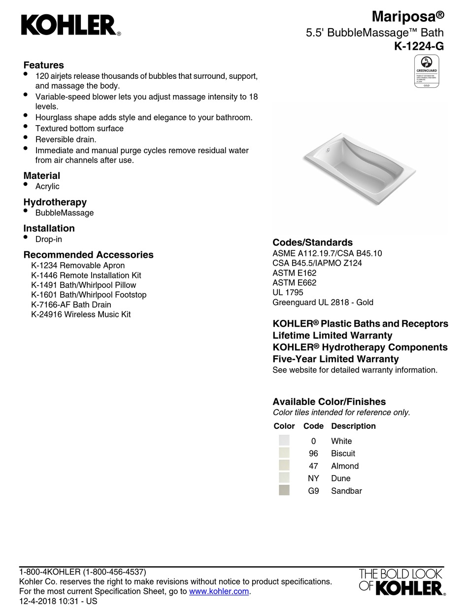 KOHLER MARIPOSA K1224G MANUAL Pdf Download ManualsLib