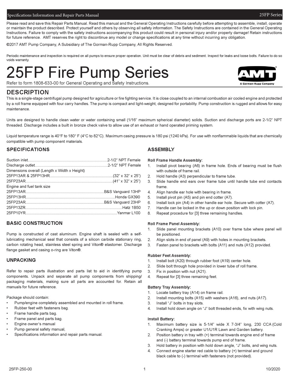 GORMANNRUPP PUMPS AMT 25FP SERIES SPECIFICATIONS INFORMATION AND