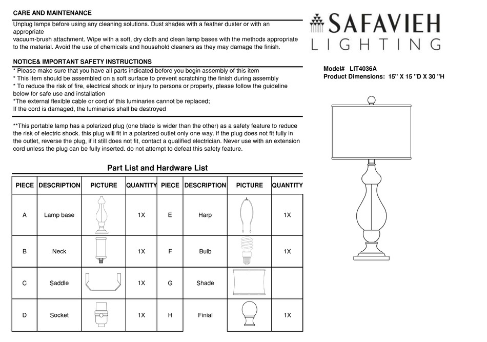 SAFAVIEH LIGHTING CAMILLE LIT4036A MANUAL Pdf Download ManualsLib