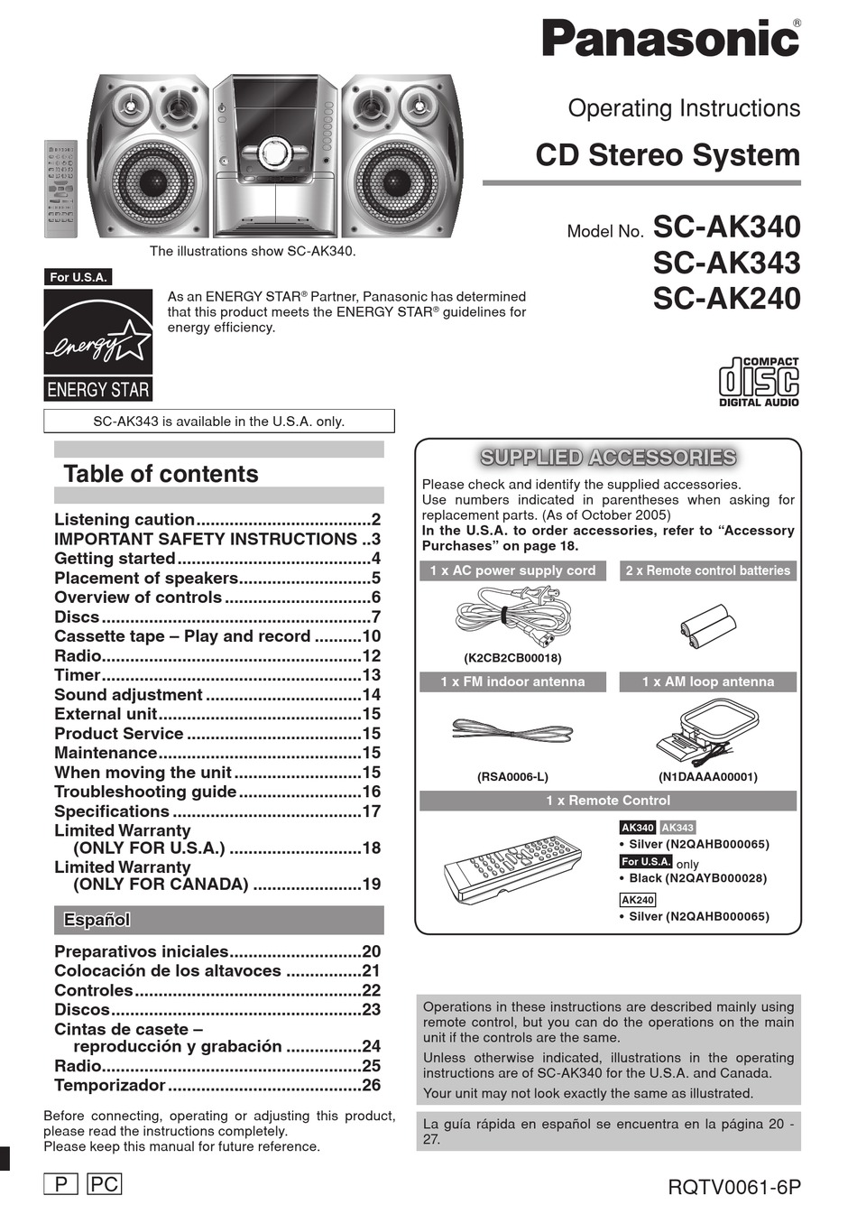 PANASONIC SC-AK343 OPERATING INSTRUCTIONS MANUAL Pdf Download | ManualsLib