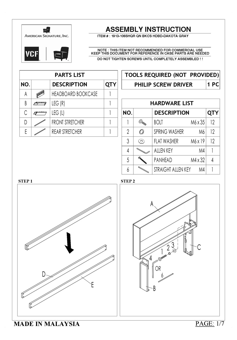 AMERICAN SIGNATURE VCF 1913106SHQR ASSEMBLY INSTRUCTION MANUAL Pdf
