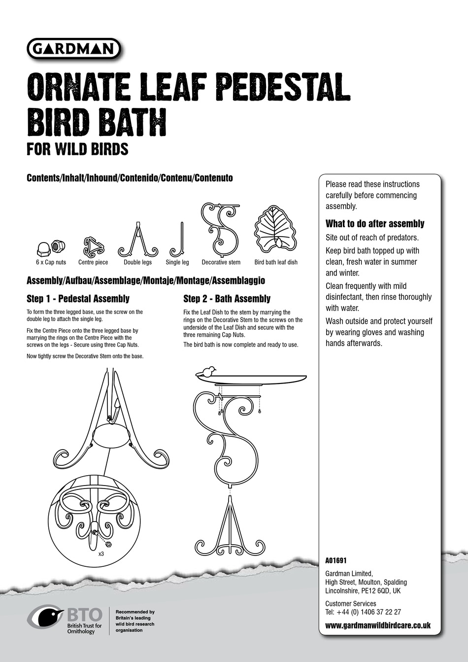 GARDMAN ORNATE LEAF PEDESTAL BIRD BATH FOR WILD BIRDS MANUAL Pdf