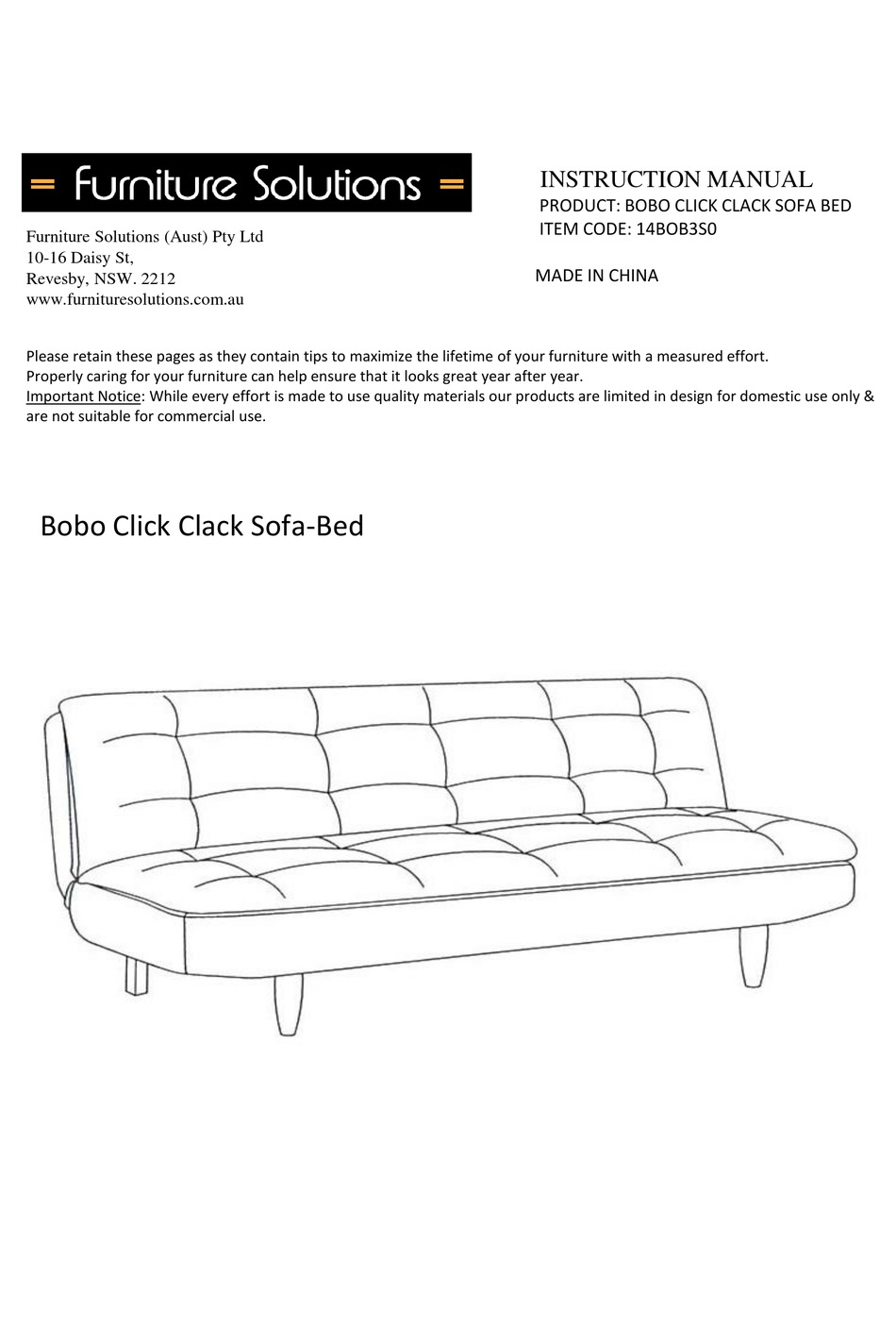 FURNITURE SOLUTIONS BOBO 14BOB3S0 INSTRUCTION MANUAL Pdf Download