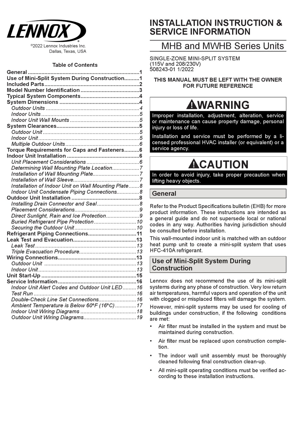 LENNOX MHB SERIES INSTALLATION, INSTRUCTION AND SERVICE MANUAL Pdf