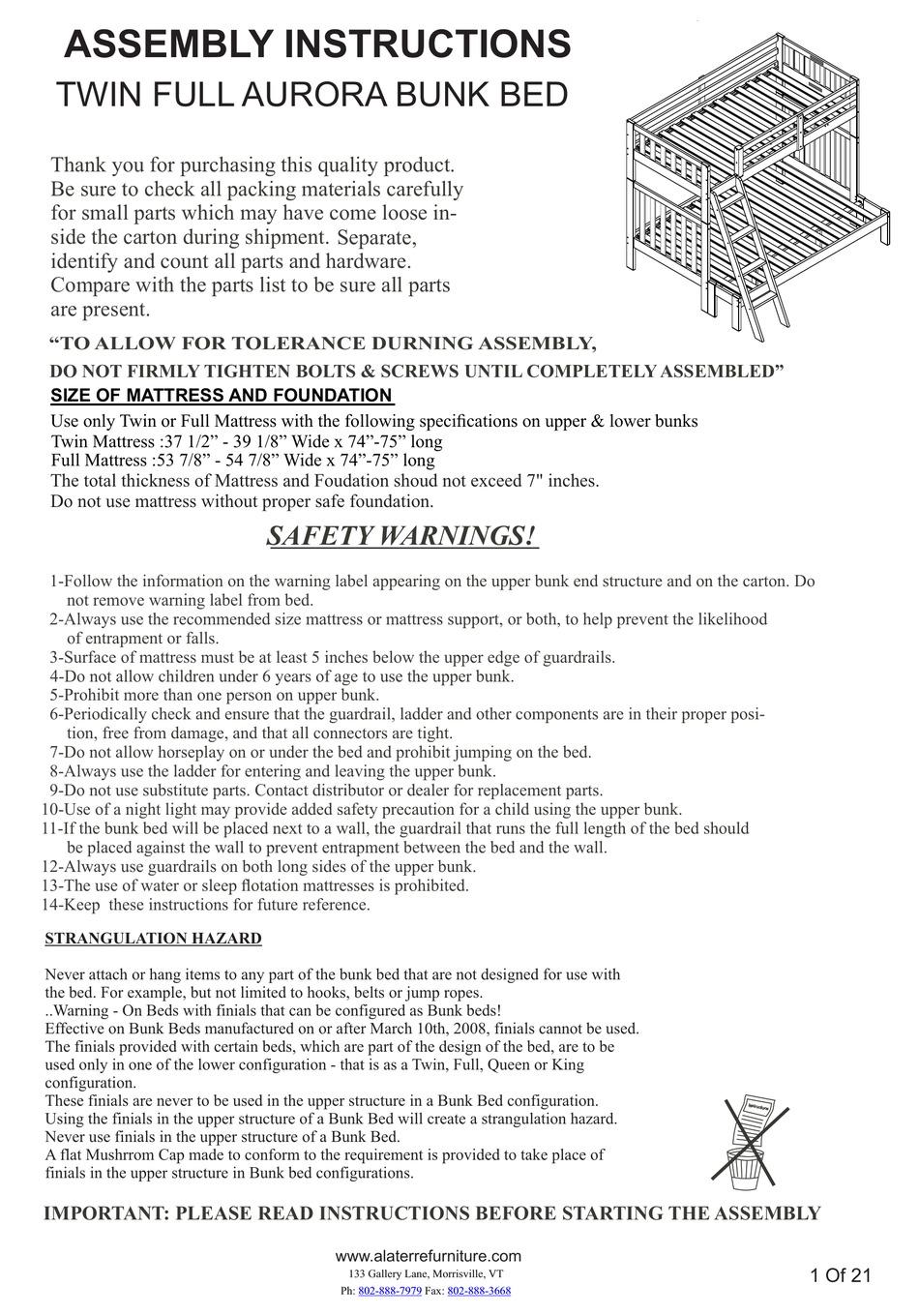 ALATERRE FURNITURE TWIN FULL AURORA BUNK BED ASSEMBLY INSTRUCTIONS