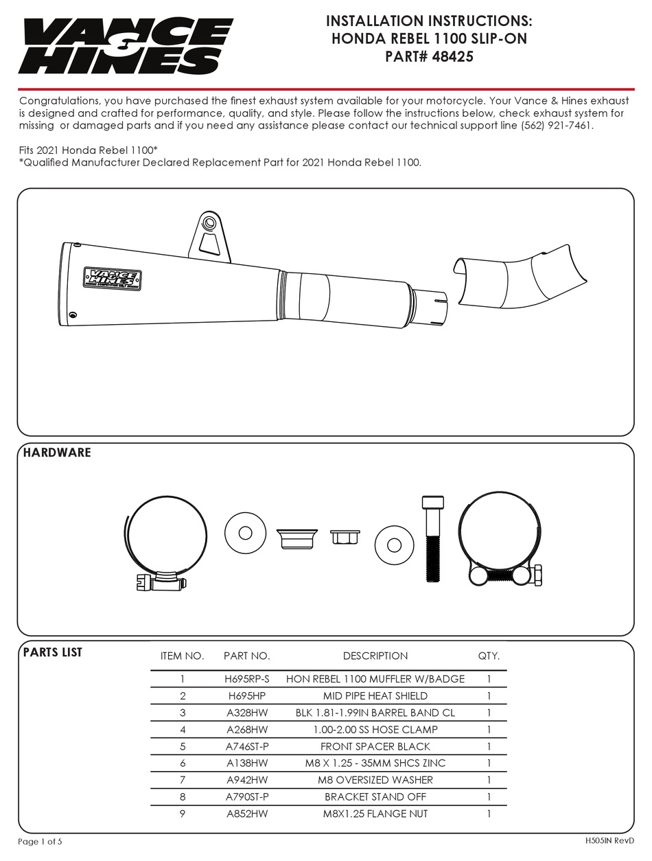 VANCE AND HINES 48425 INSTALLATION INSTRUCTIONS Pdf Download ManualsLib