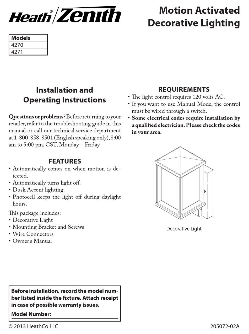 HEATH ZENITH 4270 INSTALLATION AND OPERATING INSTRUCTIONS MANUAL Pdf