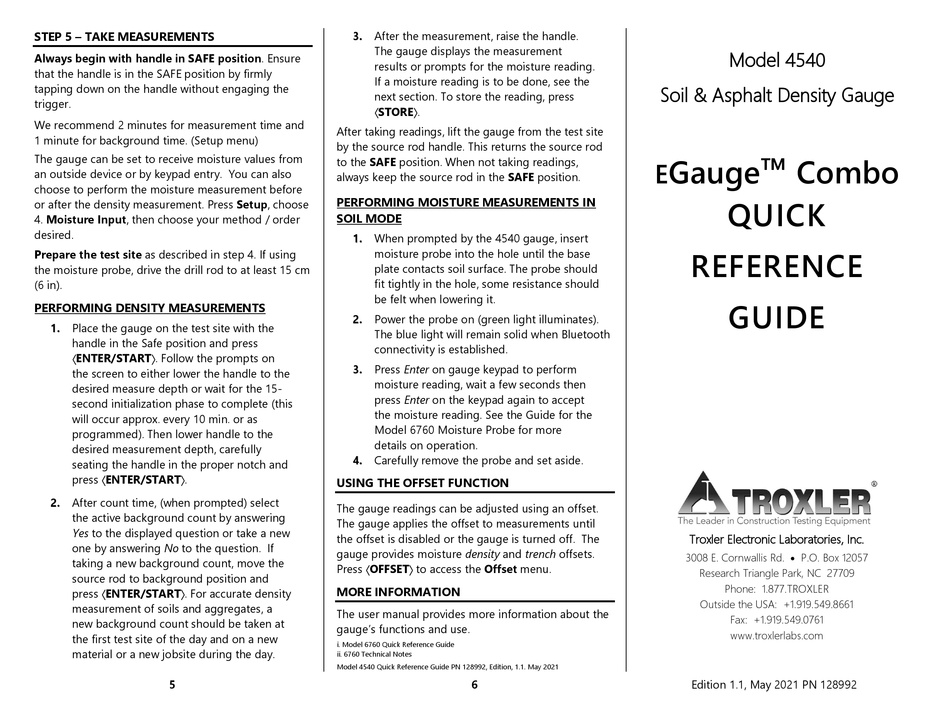 TROXLER EGAUGE COMBO 4540 QUICK REFERENCE MANUAL Pdf Download ManualsLib