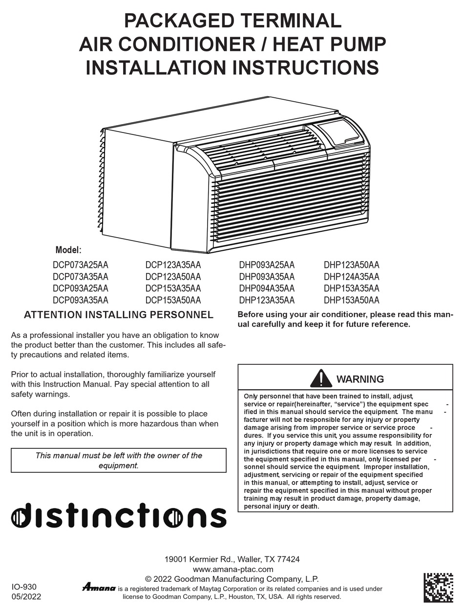 AMANA DISTINCTIONS DCP073A25AA MANUAL Pdf Download ManualsLib