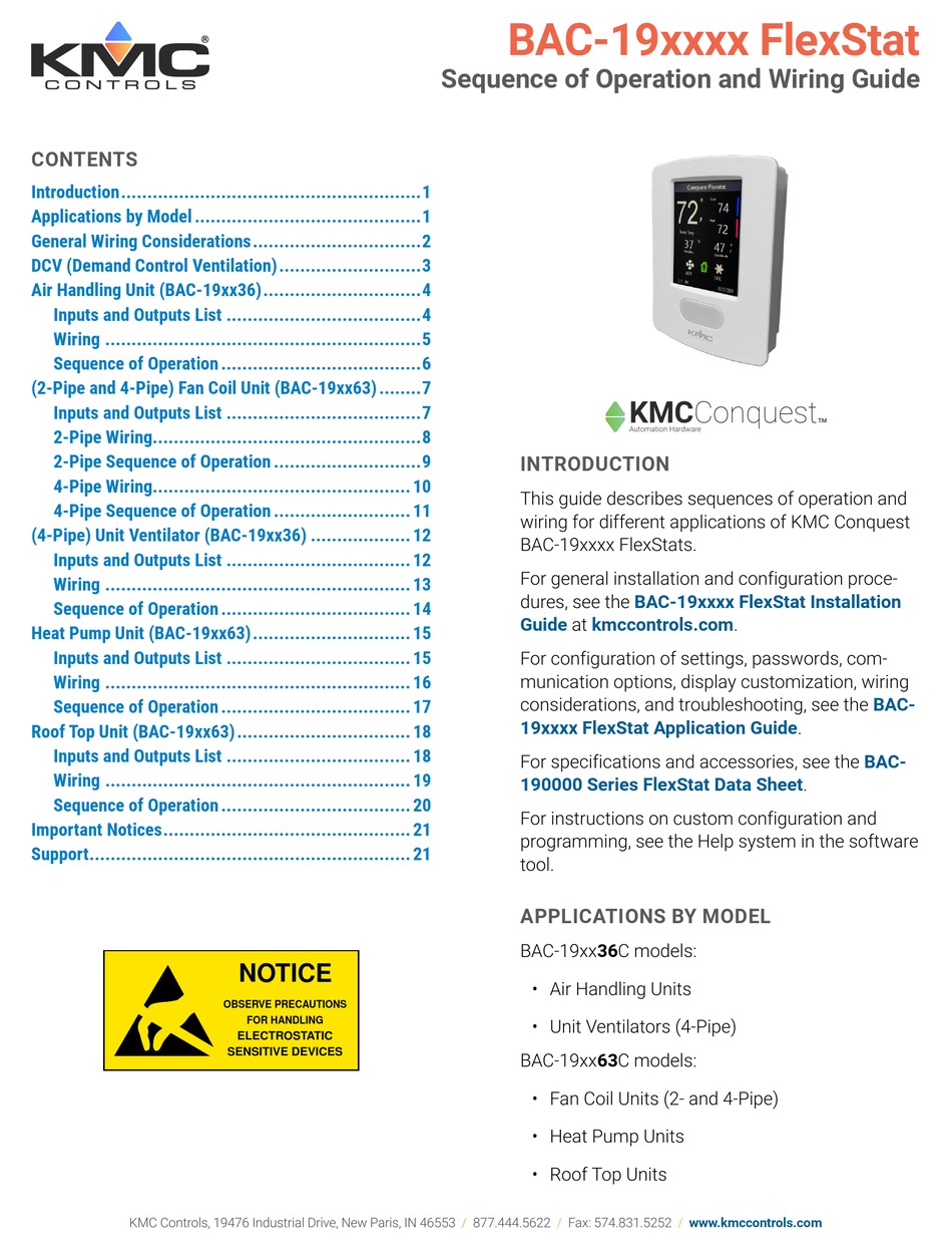KMC CONTROLS KMCCONQUEST FLEXSTAT BAC19 SERIES SEQUENCE OF OPERATION