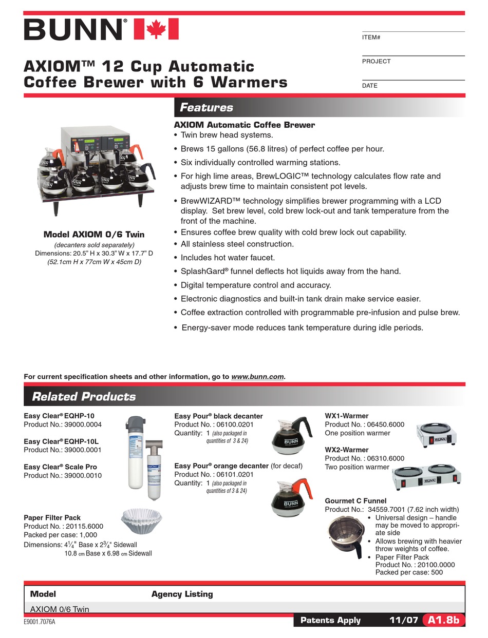 BUNN AXIOM 0/6 COFFEE MAKER SPECIFICATIONS ManualsLib