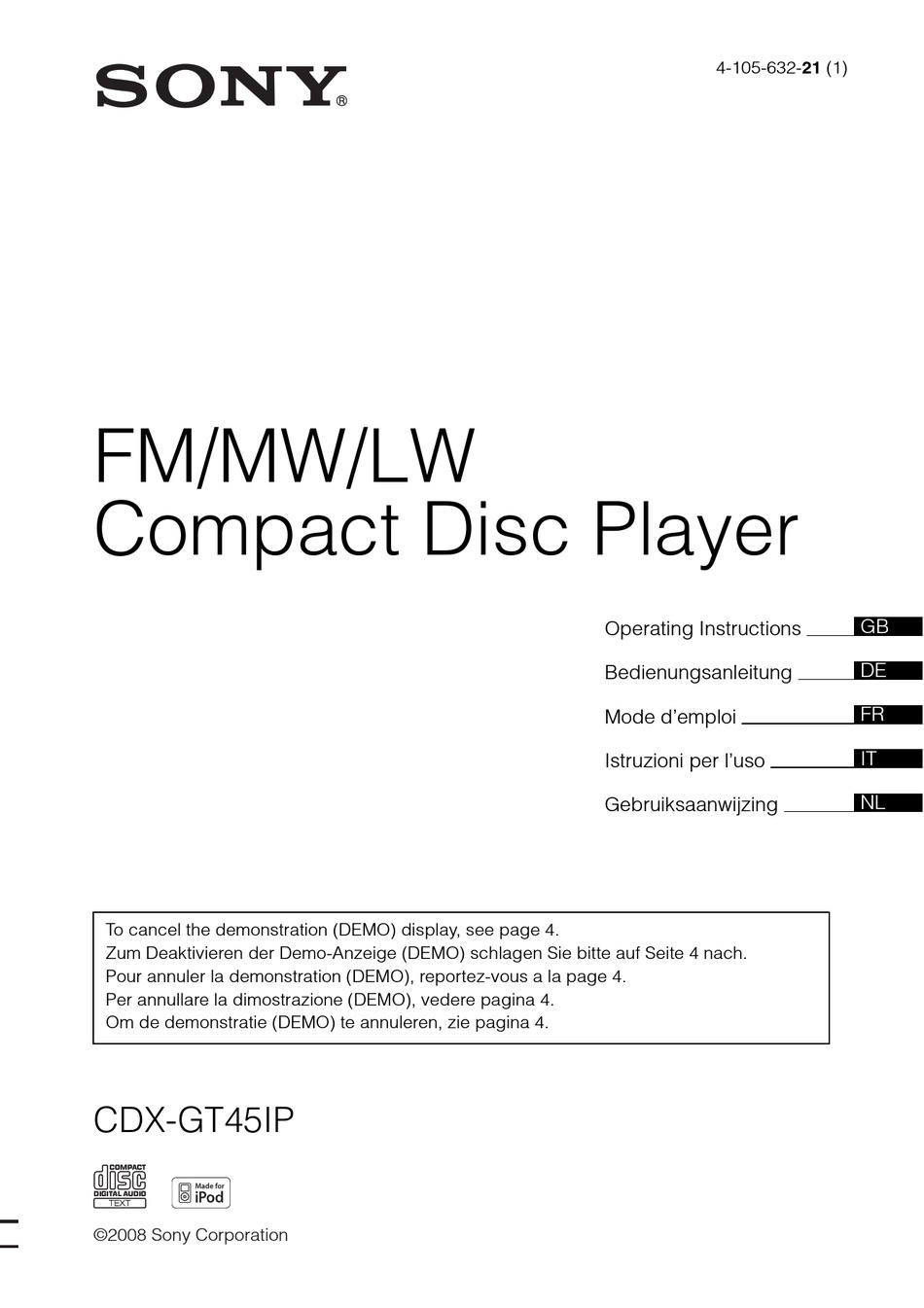 SONY CDXGT45IP OPERATING INSTRUCTIONS MANUAL Pdf Download