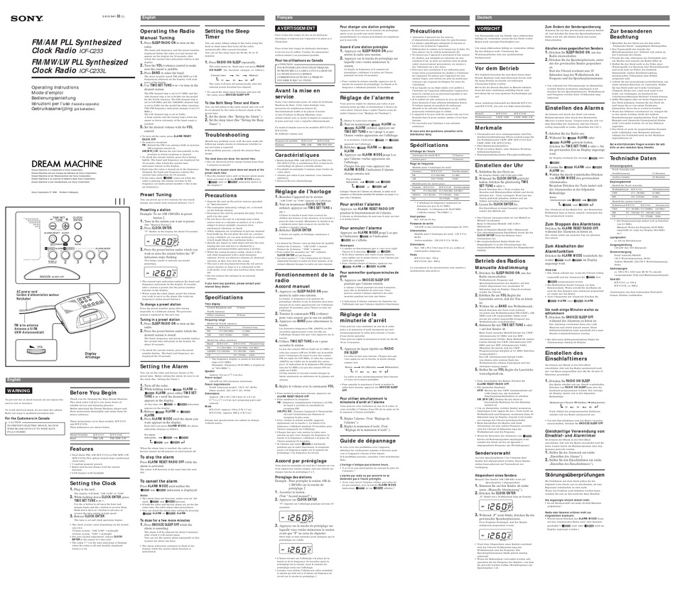 SONY DREAM MACHINE ICFC233 CLOCK RADIO OPERATING INSTRUCTIONS ManualsLib