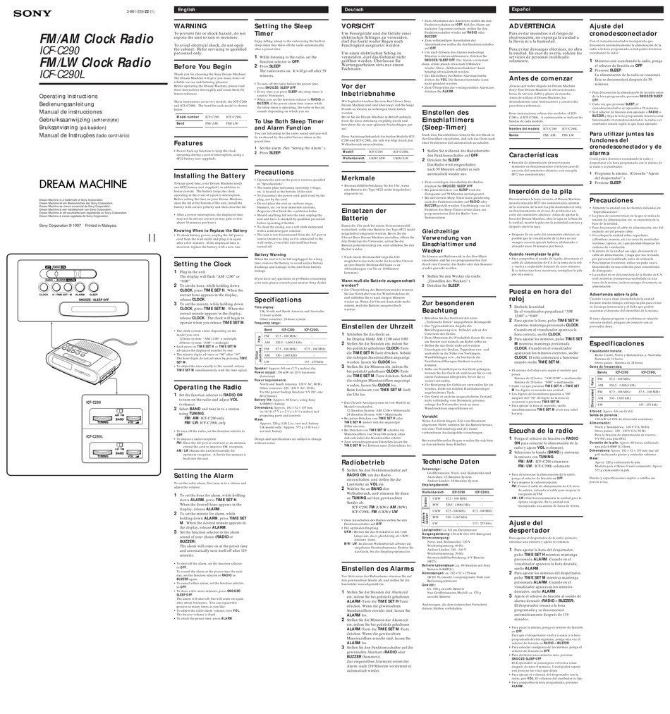 SONY DREAM MACHINE ICFC290 CLOCK RADIO OPERATING INSTRUCTIONS ManualsLib