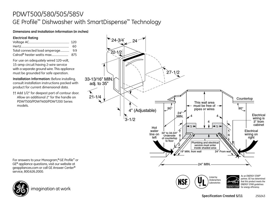 GE PROFILE PDWT500V DIMENSIONS AND INSTALLATION INFORMATION Pdf