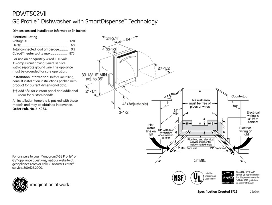 GE PROFILE PDWT502VII DISHWASHER DIMENSIONS AND INSTALLATION