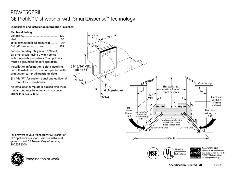 GE PROFILE PDWT502RII DISHWASHER DIMENSIONS AND INSTALLATION INFORMATION ManualsLib