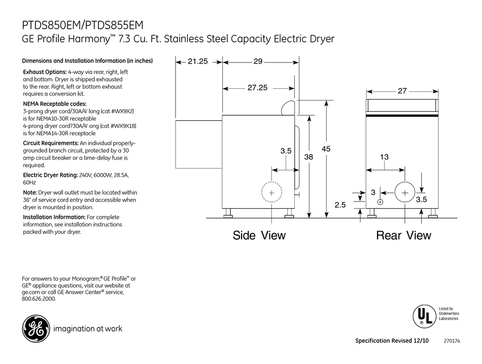 GE PROFILE HARMONY PTDS850EM DRYER DIMENSIONS AND INSTALLATION