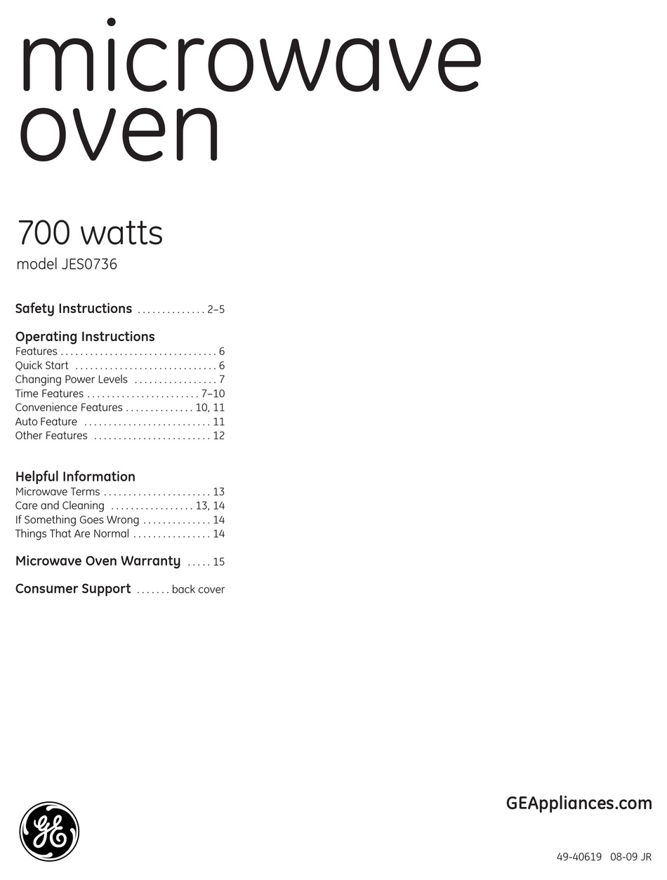 GE JES0736SMSS MICROWAVE OVEN OPERATING INSTRUCTIONS MANUAL ManualsLib
